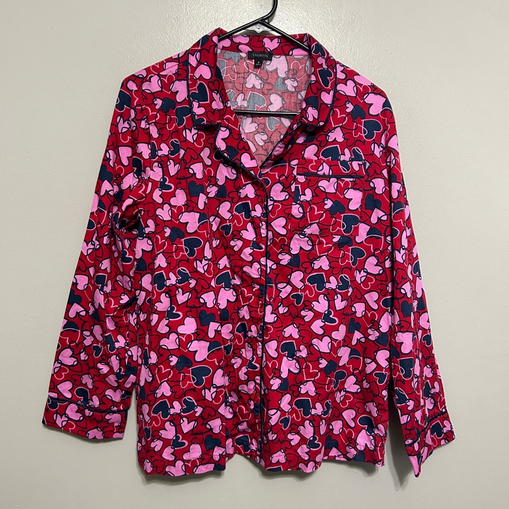 Talbots Pajama Top Women M Red Pink Heart Cotton 3/4 Sleeve Button Up PJ Shirt
